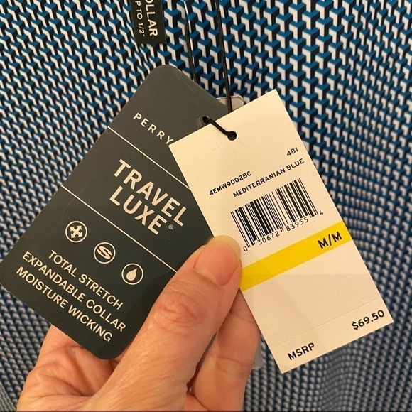 NWT~PERRY ELLIS Men Slim Fit Blue Patterned Button Short Sleeve Top-Medium - Picture 8 of 10